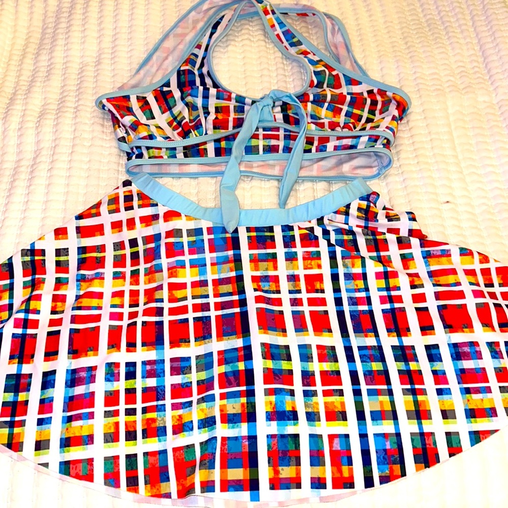 Unbranded plaid two piece swimsuit, size 10-12, skirt is 13 in long EUC